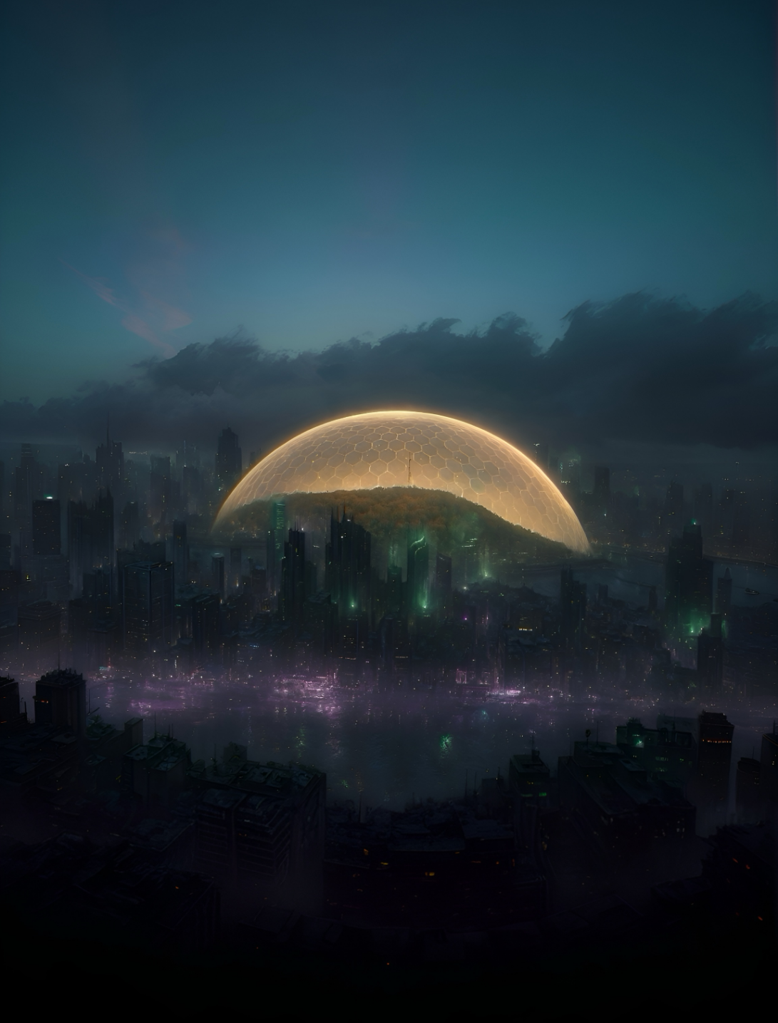 Vue atmosphérique de Néontréal sous son dôme illuminé